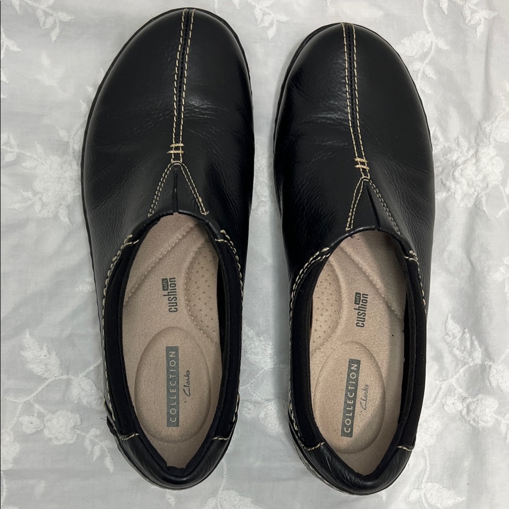 Clarks Black Leather Slip-Ons with Stitch Detail